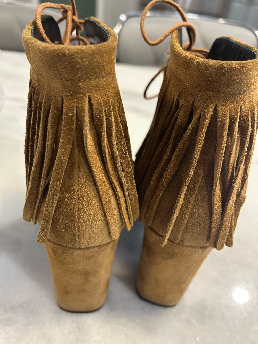 Saint Laurent Brown Suede Lace-Up Ankle Boots with Fringe - Picture 4 of 9